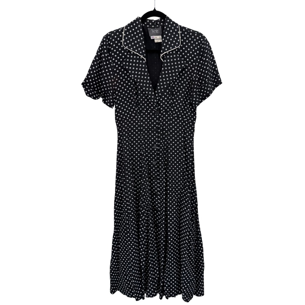 Vintage Foxy Lady Black White Polka Dot Midi Dress Button Front Tie Back Sz‎ 6 8